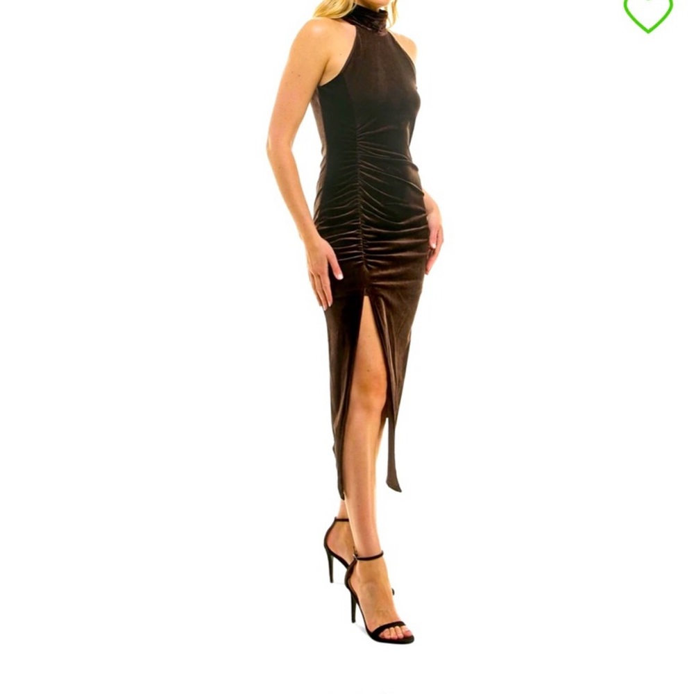 Brown Velvet High Neckline, Halter Midi Dress